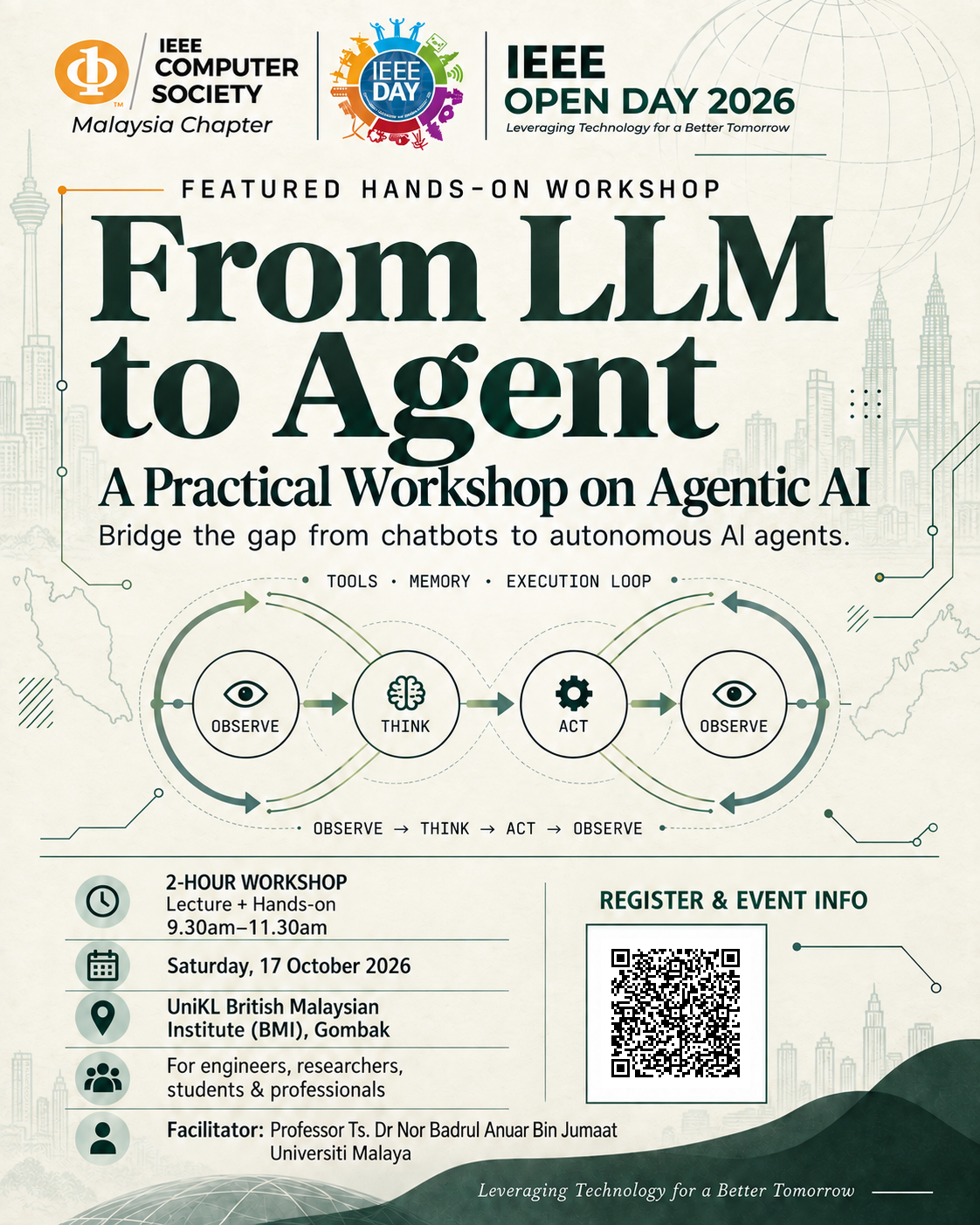 Poster for From LLM to Agent: A Practical Workshop on Agentic AI at IEEE Open Day 2026, with QR code for event information